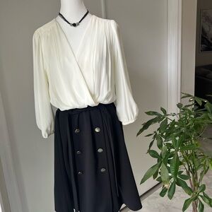 DKNY Black & White Dress • V-Neck Chiffon Top + Buttoned Skirt